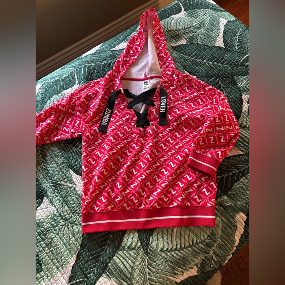 Zumba Fitness Pink Red Logo Hoodie with Black Ribbon Ties